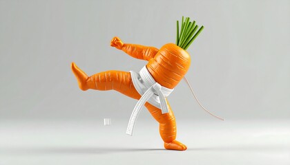 Karate Carrot Posing On Gray Background With White Belt and Green Leaves
