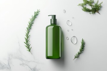 Sleek herbal skincare shampoo bottle with greenery and water droplets for product design inspiration