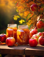 Apfelmus im Glas mit frischen Äpfeln im Garten