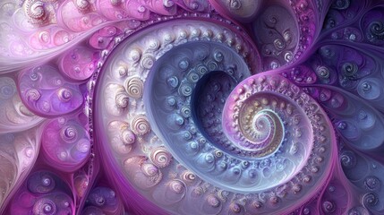 Abstract spiral fractal art in purple, pink, and white hues.