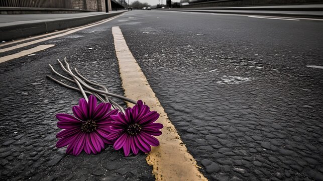 Fototapeta Purple Flowers on Asphalt Road Street Photography