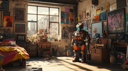Robot in artistic workspace sunlit studio with colorful paintings and art supplies