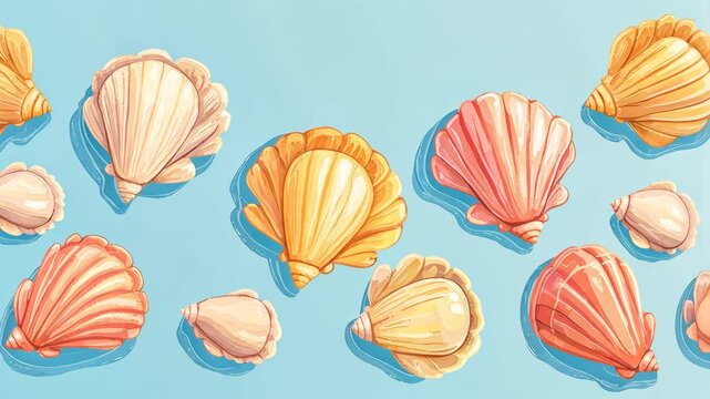 Colorful seashells scattered on a blue background.