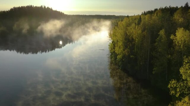 Aerial view of Lake Andronino in Karelia, Russia, showcasing its calm waters and forest surroundings, ideal for autumn nature visuals.