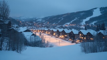 Fototapeta premium A Picturesque Winter Village with Snow Covered Rooftops and Twinkling Lights in an Alpine Landscape