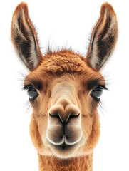 Fototapeta premium A close-up portrait of a llama with big expressive eyes fluffy ears and a soft light-brown coat.