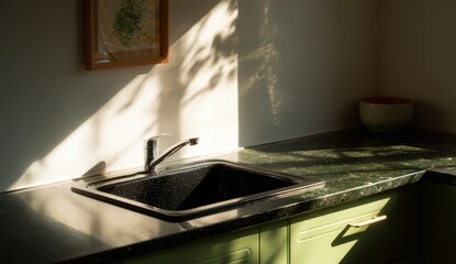 Sunlit kitchen with green cabinets and modern sink.