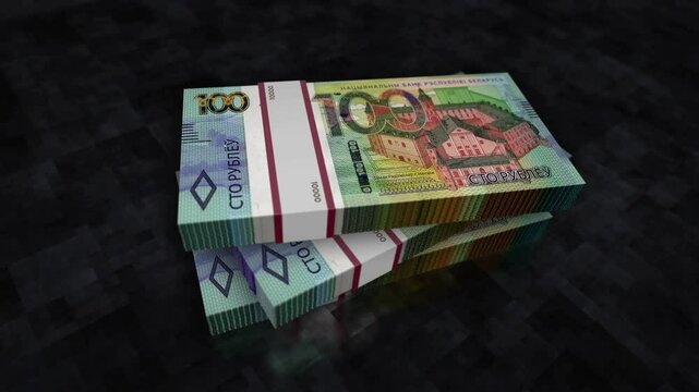 Belarus money Belarusian rubel pile pack. Concept background of economy, banking, business, crisis, recession, debt and finance. 100 BYN banknotes stacks 3d animation.