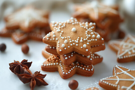 Stack of decorated star-shaped gingerbread cookies with icing and sugar pearls – holiday baking and festive treats