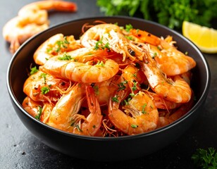 Shrimp with parsley in a black dish.
