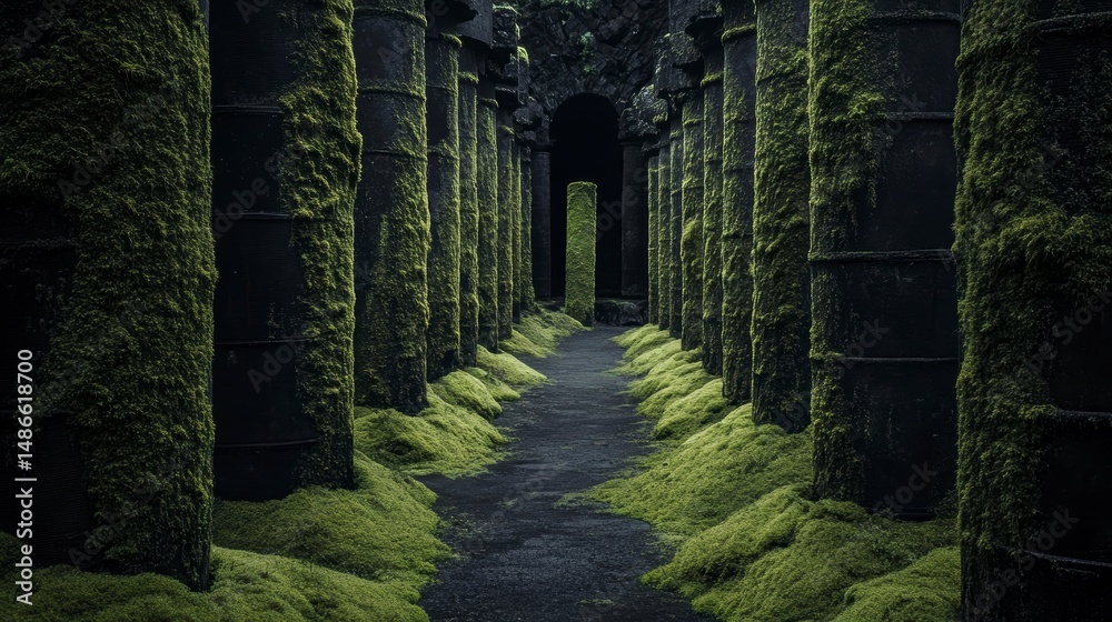 Poster moss-covered columns line a dark, mysterious pathway leading to a shadowy archway.