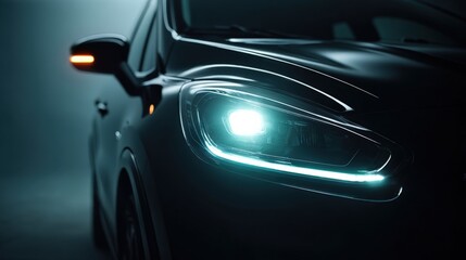 Fototapeta premium Sleek Black Car Headlight in Dramatic Lighting - Modern Automotive Design