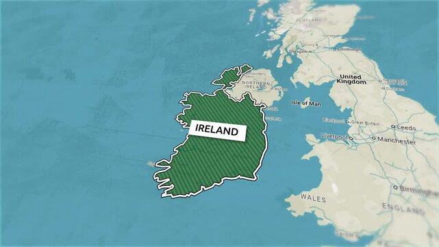 Borders of the state of Ireland on the map. Country Ireland on the map is highlighted by a polygonal border. From above zooming in with panoramic view