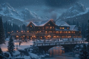 Fototapeta premium Snowy winter lodge at night