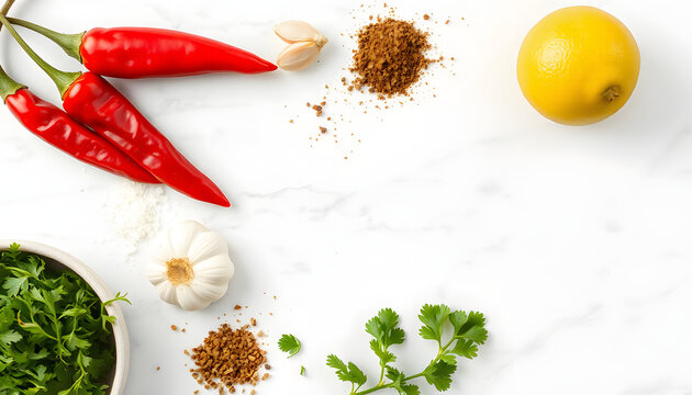 White marble countertop with vibrant spices - fiery red pepper, aromatic seasonings, fresh garlic, coarse salt, lush greens, fragrant tarragon, crisp parsley, zesty herbs, tangy lime, and bright lem