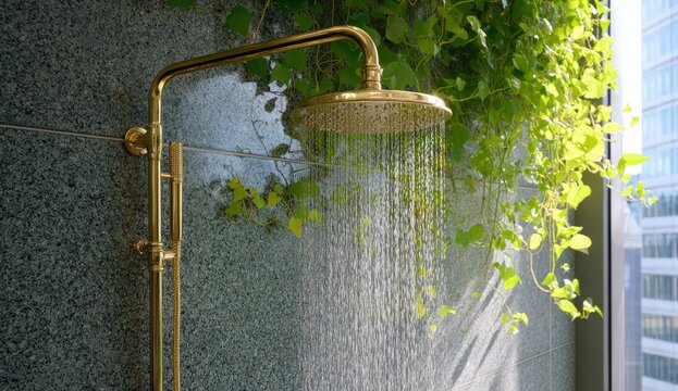 Luxurious gold showerhead with greenery backdrop.