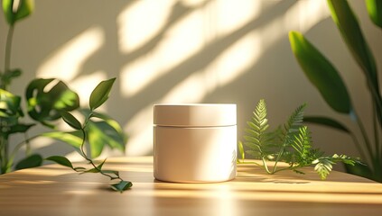 White cosmetic jar on a wooden table, surrounded by greenery, bathed in sunlight