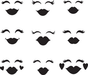 Silhouette Faces: Eyelashes, Lips, Beauty, Feminine, Vector Graphics
