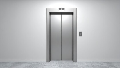 Closed Gray Elevator Doors In Modern Building Against White Wall With Concrete Floor
