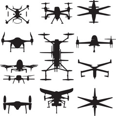 Drone Silhouettes: Various UAV Designs, Black and White Vector Art