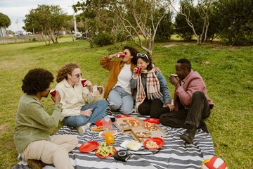 A multinational group of young people is sitting on a striped blanket in a park, drinking from red...
