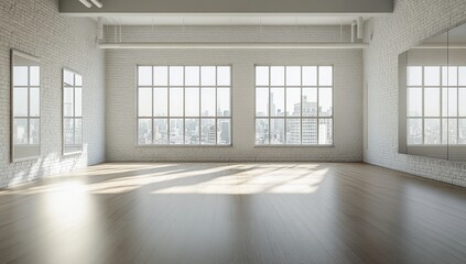 Obraz premium Sunlit loft space with city view