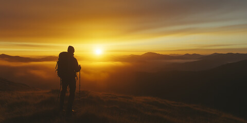 Hiker Watching Sunrise Over Stunning Mountain Landscape in Serene Atmosphere