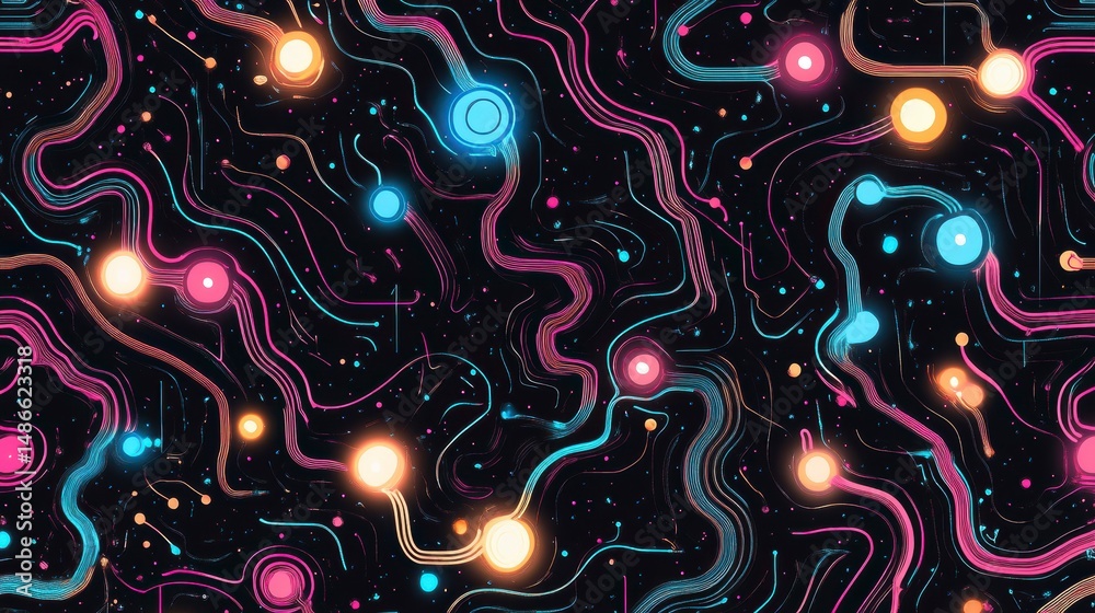 Poster abstract swirling lines and glowing orbs on dark background.