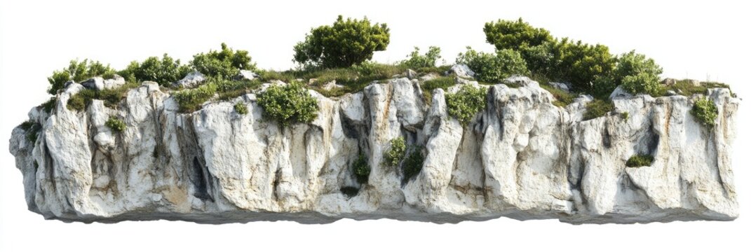 Large, light-gray rock formation with small green shrubs - Powered by Adobe