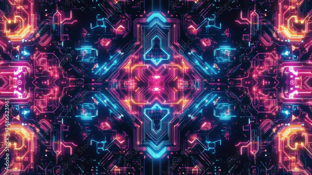 Poster Vibrant neon symmetrical digital pattern with glowing lines and geometric shapes.