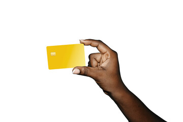 beautiful Black afican female Hand holding blank yellow atm credit card tempplate with isolated over transparent background