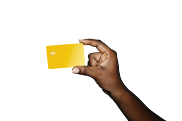 beautiful Black afican female Hand holding blank yellow atm credit card tempplate with isolated over transparent background
