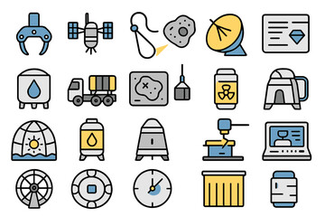 Various icons representing technology, space exploration, and environmental science showcased in a modern design