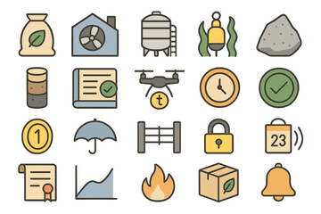 Collection of colorful icons representing various agricultural and environmental activities in a modern style