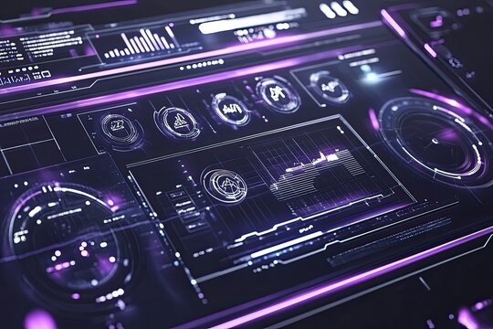 Futuristic digital dashboard with glowing interactive displays - Powered by Adobe