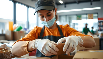 Unrecognizable female employee in protective gloves carefully packing orders at a bustling food delivery warehouse, ample copy space, pixel art. with white shades