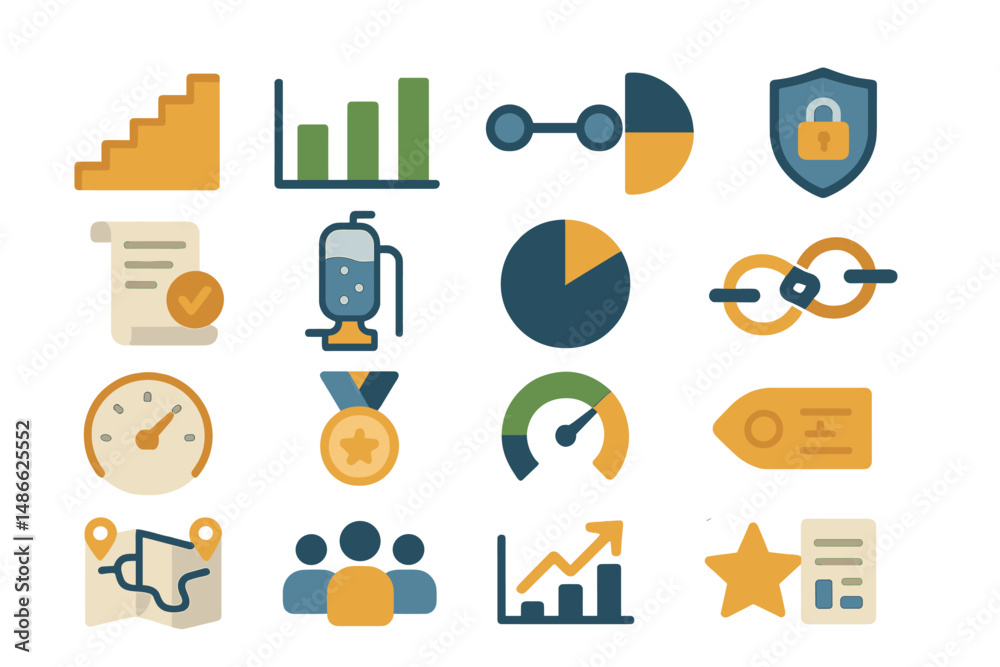 Poster visual elements representing data analysis, security, teamwork, and performance metrics in a modern 