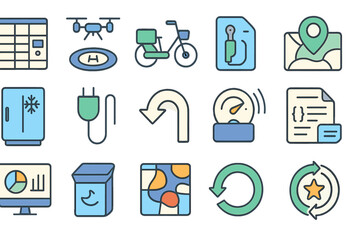 Icons representing various technologies including drones, bicycles, and data management tools in a modern design