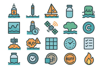Various icons representing water monitoring, environmental assessment, and safety measures in aquatic environments