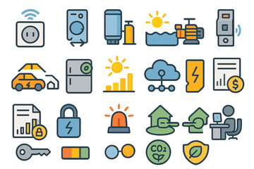 Icons representing renewable energy and smart home technology in a modern lifestyle setting