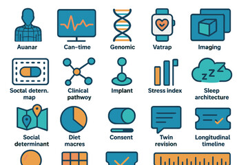 Visual representation of health data concepts and research methodologies with various icons illustrating diverse topics