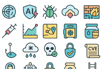 Collection of technology and cybersecurity icons representing various concepts and tools for modern digital safety and analysis activities