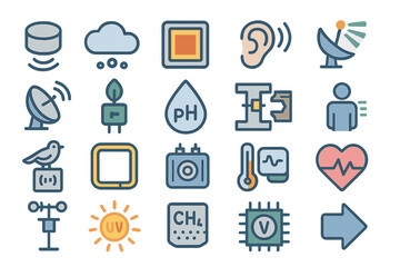 Various icons representing technology and health monitoring systems used in today's digital environment