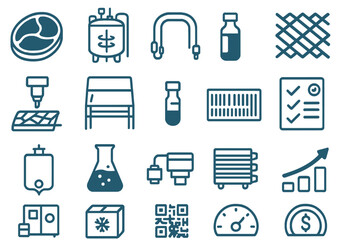 Twenty-one icons are used to visualize the steps involved in cellular-ag and GMP bioprocess from bioreactor to cold-chain logistics