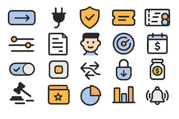 Icons representing various business concepts such as security, finance, and productivity during a digital design workshop