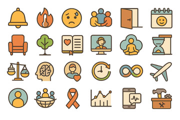 Exploring various icons representing emotions, activities, and symbols of well-being in a harmonious layout
