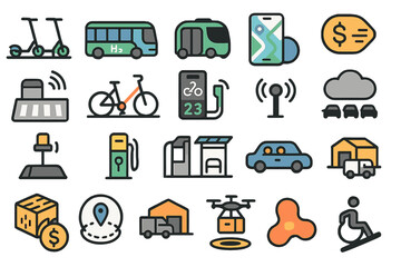 Various symbols representing urban transportation options and smart mobility services in a city environment