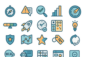 Fototapeta premium Variety of colorful icons representing business, technology, and productivity concepts in a flat design style