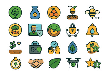 Collection of colorful icons representing sustainability, agriculture, and technology concepts in a modern style