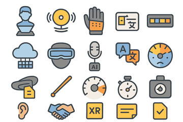 Diverse icons representing technology, communication, and artificial intelligence in a modern design context